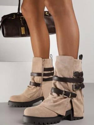 Ciemnobeżowe Botki Typu Bikery z Wywiniętą Cholewką z Klamrami Selora mellisa