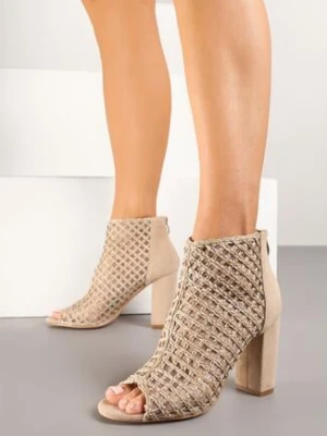 Ciemnobeżowe Botki Vices na Obcasie z Siateczkową Cholewką Karhiris