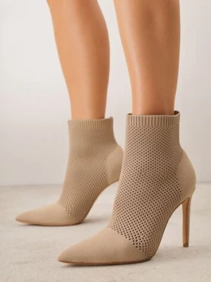 Ciemnobeżowe Botki VICES na Szpilce z Elastyczną Dzianinową Cholewką Dedanna