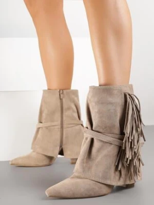 Ciemnobeżowe Botki w Stylu Boho z Wywiniętą Cholewką i Frędzlami Harile ideal