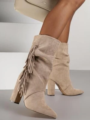 Ciemnobeżowe Botki w Stylu Kowbojek na Obcasie Ozdobione Frędzlami Reitania joalice paris