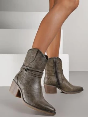 Ciemnobeżowe Botki w Stylu Kowbojek na Stożku Zdobione Rzemykiem Mionadia m.daszynski