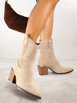 Ciemnobeżowe Botki w Stylu Kowbojek Vices na Stożku Ozdobione Haftem Xalfedi