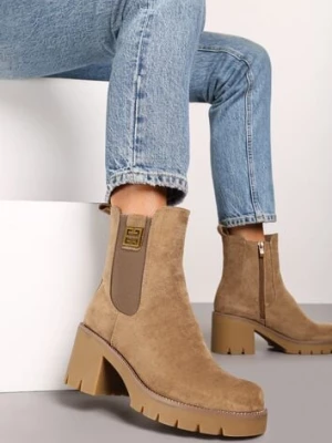 Ciemnobeżowe Botki w Stylu Sztybletów Ozdobione Geometryczną Aplikacją i Gumką Valzina