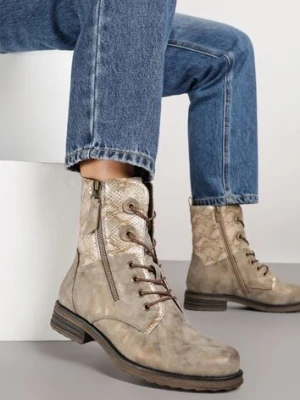 Ciemnobeżowe Botki w Stylu Workerów z Ozdobnym Suwakiem i Wężową Wstawką Vemalora lady glory