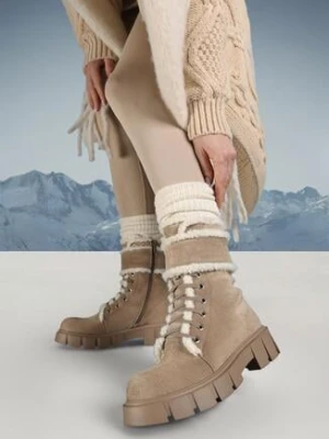 Ciemnobeżowe Botki Workery z Futerkiem Kyame