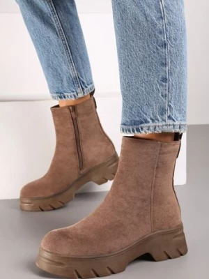 Ciemnobeżowe Casualowe Botki z Ekozamszu na Platformie Naolara