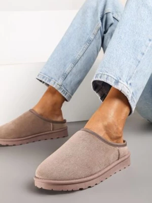 Ciemnobeżowe Casualowe Kapcie na Płaskiej Podeszwie z Futerkiem Peccaria