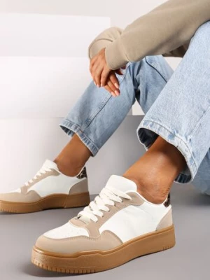 Ciemnobeżowe Casualowe Sneakersy na Płaskiej Podeszwie z Perforacją Theneria