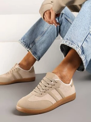 Ciemnobeżowe Casualowe Sneakersy z Ekozamszu na Płaskiej Podeszwie Pemeriana
