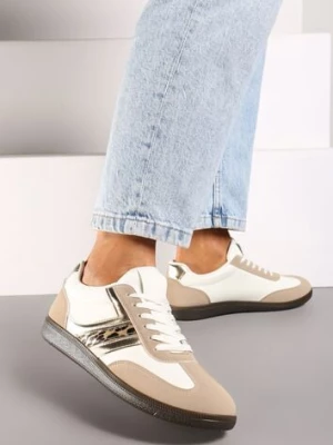 Ciemnobeżowe Casualowe Sneakersy z Geometrycznymi Wzorami i Kontrastowymi Przeszyciami Riandrea