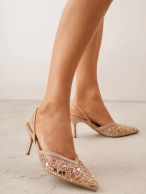 Ciemnobeżowe Cekinowe Czółenka VICES Slingback na Szpilce z Noskiem w Szpic Ozdobione Perłami i Koralikami Kleomene