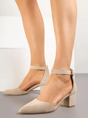 Ciemnobeżowe Czółenka na Obcasie Vices ze Skórzaną Wkładką i Ozdobnym Paskiem Nurisella