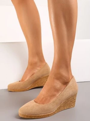 Ciemnobeżowe Czółenka Vices na Plecionym Koturnie ze Skórzaną Wkładką Ebersa