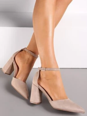 Ciemnobeżowe Czółenka na Słupkowym Obcasie ze Sprzączką Alexus