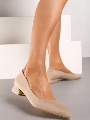 Ciemnobeżowe Czółenka na Słupku Ozdobione Metaliczną Ozdobą Panesha