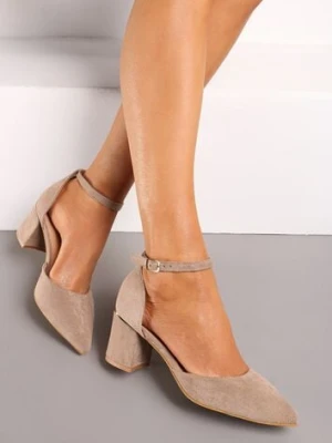 Ciemnobeżowe Czółenka na Słupku z Imitacji Zamszu z Paskiem Wokół Kostki Tagita