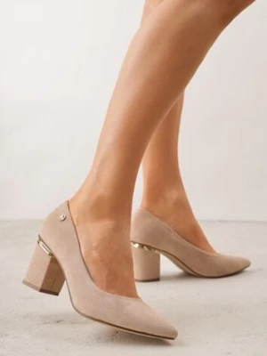 Ciemnobeżowe Czółenka na Słupku z Wkładką ze Skóry Naturalnej i Metaliczną Ozdobą Dynaste