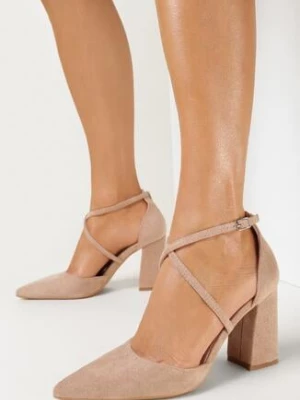 Ciemnobeżowe Czółenka na Słupku ze Szpiczastym Noskiem Thenthe