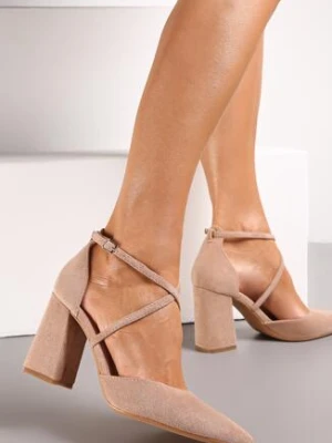 Ciemnobeżowe Czółenka na Słupku ze Szpiczastym Noskiem Thenthe