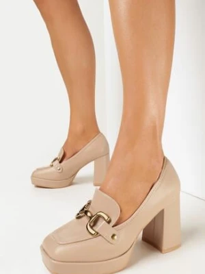 Ciemnobeżowe Czółenka na Wysokim Słupku z Metalową Ozdobą Morganti