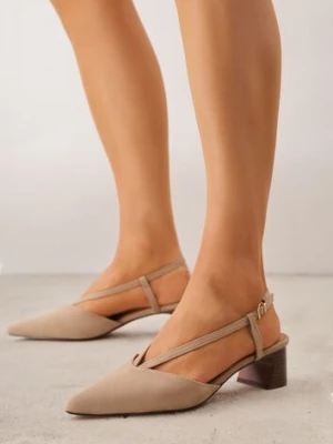 Ciemnobeżowe Czółenka Slingback VICES z Imitacji Zamszu na Klockowym Obcasie Adophaia