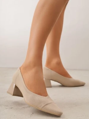 Ciemnobeżowe Czółenka VICES na Niskim Obcasie z Elastycznej Dzianiny z Amortyzującą Wkładką Zaehira