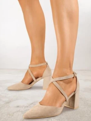 Ciemnobeżowe Czółenka Vices na Obcasie z Wkładką ze Skóry Naturalnej i Ozdobnymi Paskami Leaniella