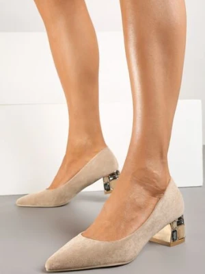 Ciemnobeżowe Czółenka Vices na Słupku Ozdobionym Kamieniami ze Skórzaną Wkładką Savelia