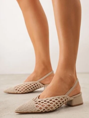 Ciemnobeżowe Czółenka VICES w typie Slingback z Ażurową Plecioną Cholewką na Słupku Chelvianna