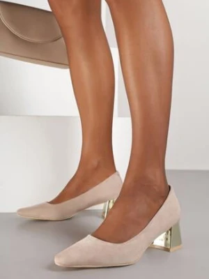 Ciemnobeżowe Czółenka Vices ze Skórzaną Wkładką i Metalicznym Słupkiem Asevine