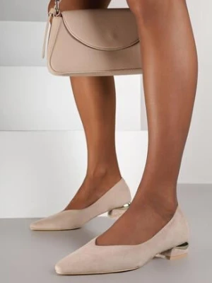 Ciemnobeżowe Czółenka Vices ze Skórzaną Wkładką na Obcasie z Aplikacją Celvila