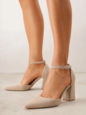 Ciemnobeżowe Czółenka z Imitacji Zamszu na Słupkowym Obcasie ze Szpiczastym Noskiem Hadina