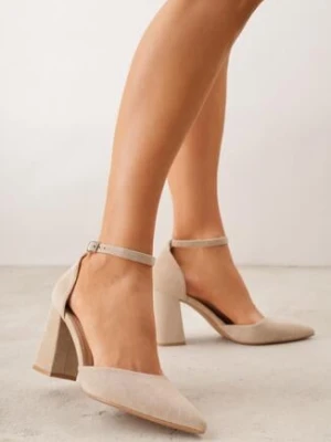 Ciemnobeżowe Czółenka z Imitacji Zamszu na Słupku z Noskiem w Szpic Violetto