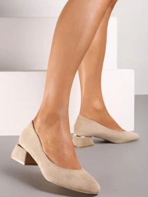 Ciemnobeżowe Czółenka z Metaliczną Wstawką na Niskim Słupku oraz Skórzaną Wkładką Kariala