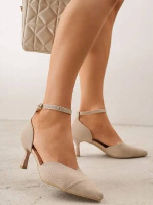 Ciemnobeżowe Czółenka z Tkaniny VICES na Niskim Obcasie z Paskiem Wokół Kostki i Wkładką Soft-Step Xylieth