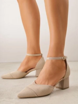 Ciemnobeżowe Czółenka ze Sportowej Tkaniny VICES na Słupku z Paskiem przy Kostce Loraira