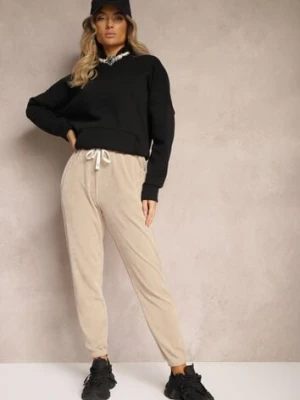 Ciemnobeżowe Dresowe Spodnie z Bawełną High Waist Wykończone w Pasie Gumką Ekadela
