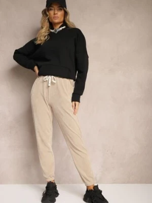 Ciemnobeżowe Dresowe Spodnie z Bawełną High Waist Wykończone w Pasie Gumką Ekadela h&s