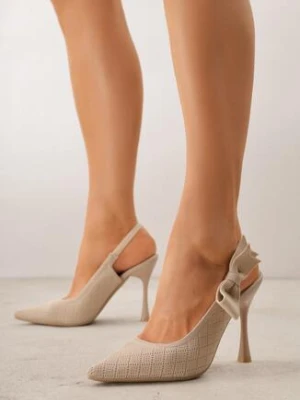 Ciemnobeżowe Dzianinowe Szpilki VICES z Odkrytą Piętą i Wkładką z Efektem Poduszki Zdobione Kokardą Onosea