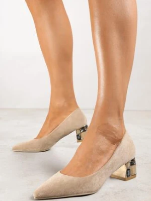 Ciemnobeżowe Eleganckie Czółenka Vices na Ozdobnym Obcasie ze Skórzaną Wkładką Lorevine