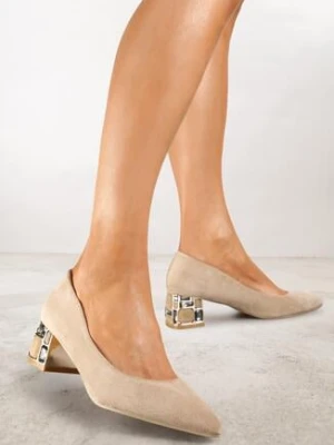 Ciemnobeżowe Eleganckie Czółenka Vices na Ozdobnym Obcasie ze Skórzaną Wkładką Lorevine