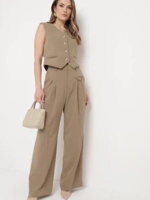 Ciemnobeżowe Eleganckie Spodnie w Garniturowym Stylu z Zakładkami Illthai bisou's project