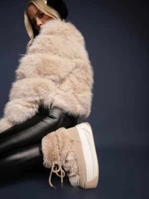 Ciemnobeżowe Futerkowe Śniegowce Wsuwane na Platformie z Imitacją Sznurówek Linettia