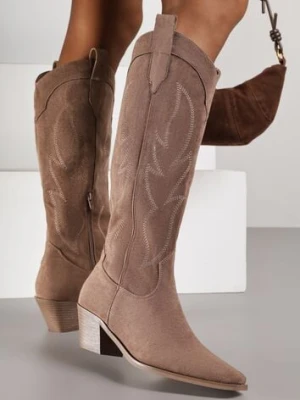 Ciemnobeżowe Haftowane Kozaki Kowbojki na Stożkowym Obcasie Galianna ballada