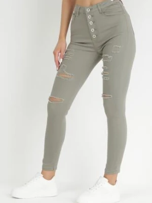 Ciemnobeżowe Jeansy Skinny na Guziki Arru