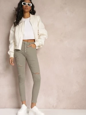 Ciemnobeżowe Jeansy Skinny z Wysokim Stanem Yholo