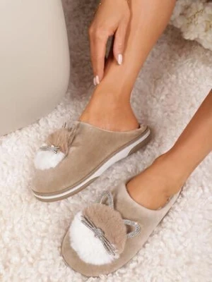 Ciemnobeżowe Kapcie Futrzane z Kotkiem Rirovi