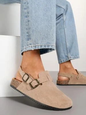 Ciemnobeżowe Klapki Chodaki z Imitacji Zamszu z Paskiem z Klamerką Gonidra