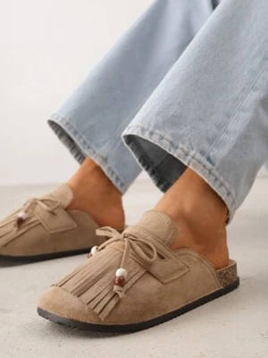 Ciemnobeżowe Klapki Mule na Płaskiej Podeszwie z Frędzlami Kokardą i Koralikami Zinriara sergio todzi